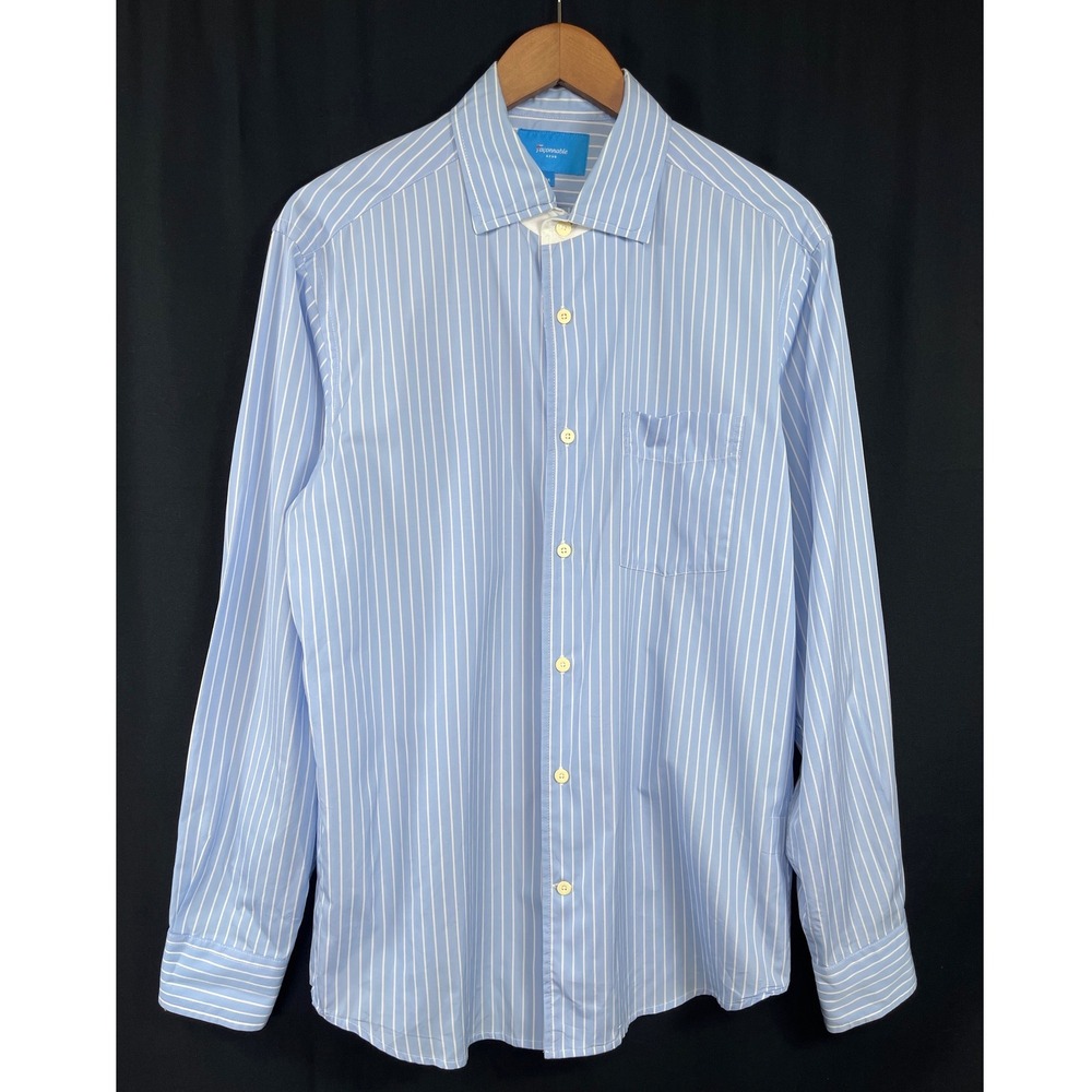 Faconnable Azur Mens Long Sleeve Stripes Shirt M Blue White Preppy Smart Casual